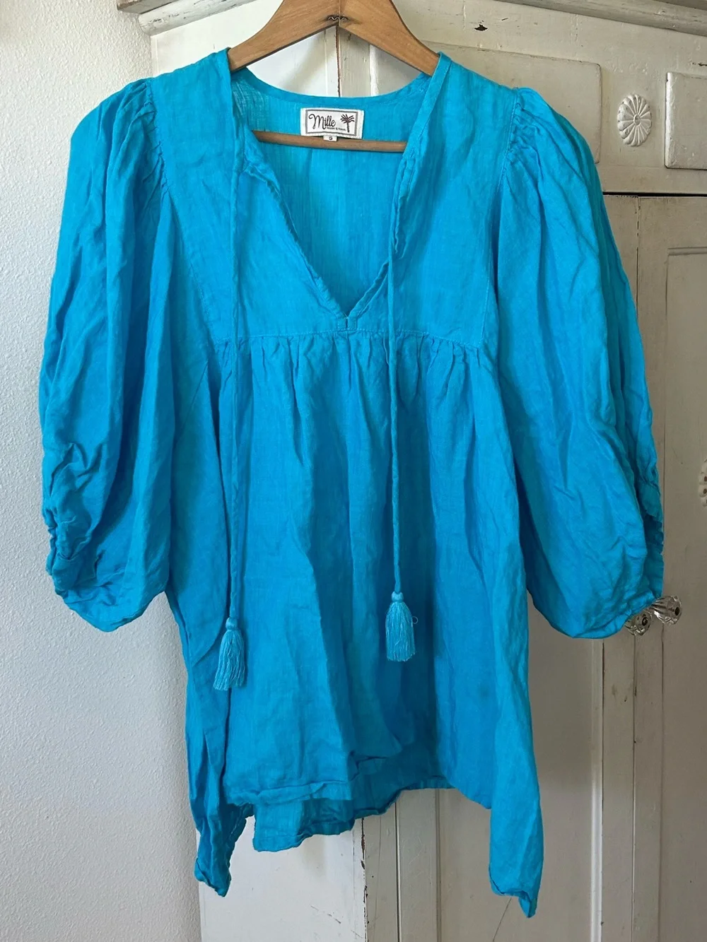 Mille | Women’s Teal Blue Linen Thalia V-Neck Tassel Tie Puff Sleeve Peasant Top
